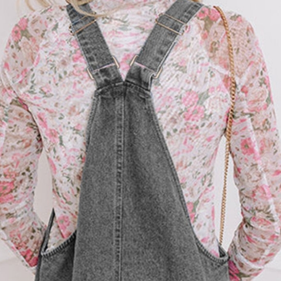 Retro Denim Overall Mini Dress Patch Pocket Sleeveless Jean Button-Up Romper - Picture 15 of 16